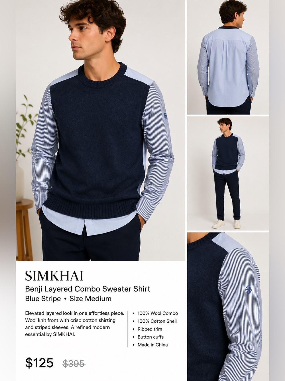 SIMKHAI Benji Combo Shirt Sweater Blue Stripe Wool Cotton Top Medium